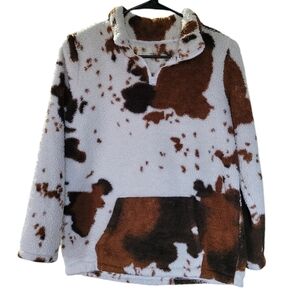 Earkoha cow print fleece pullover with kangaroo pocket Size XXL